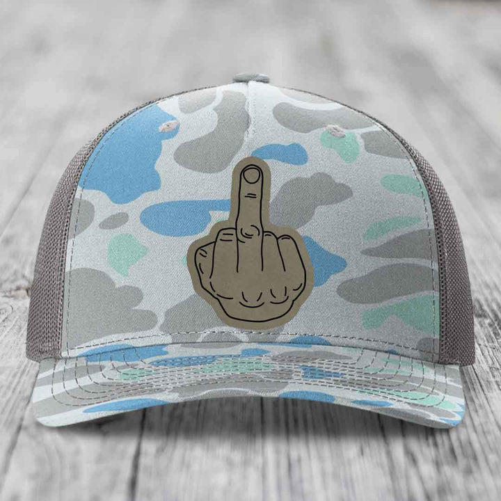 Middle Finger - Leather Patch Hat - Light Brown to Black Patch - Richardson 112PFP Snapback Trucker Hat