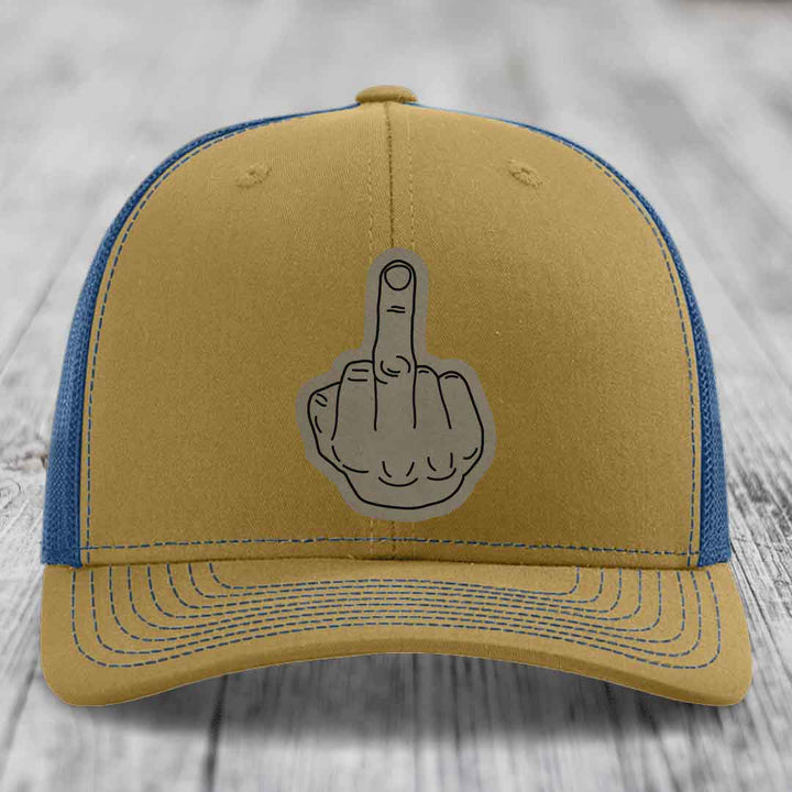 Middle Finger - Leather Patch Hat - Light Brown to Black Patch - Richardson 112 Snapback Trucker Hat