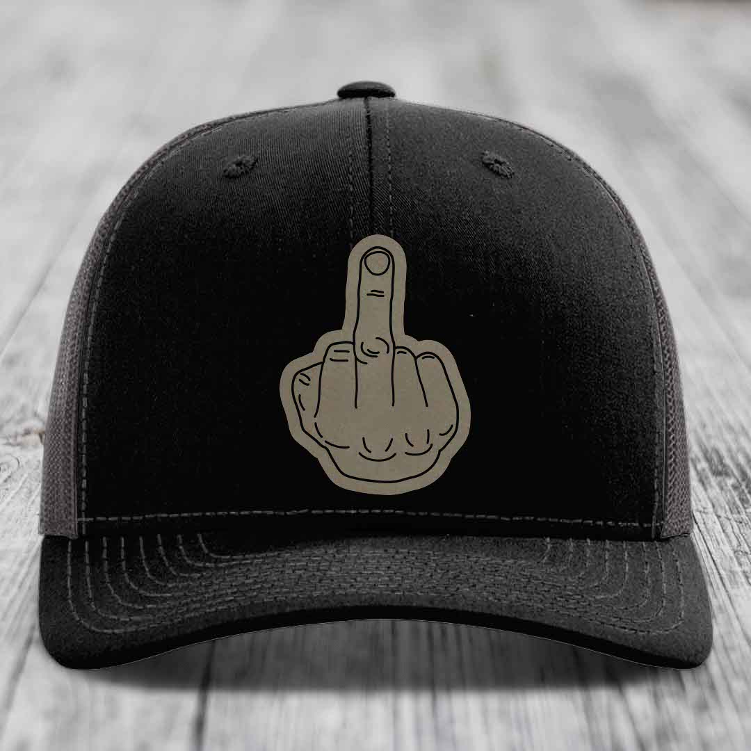 Middle Finger - Leather Patch Hat - Light Brown to Black Patch - Richardson 112 Snapback Trucker Hat