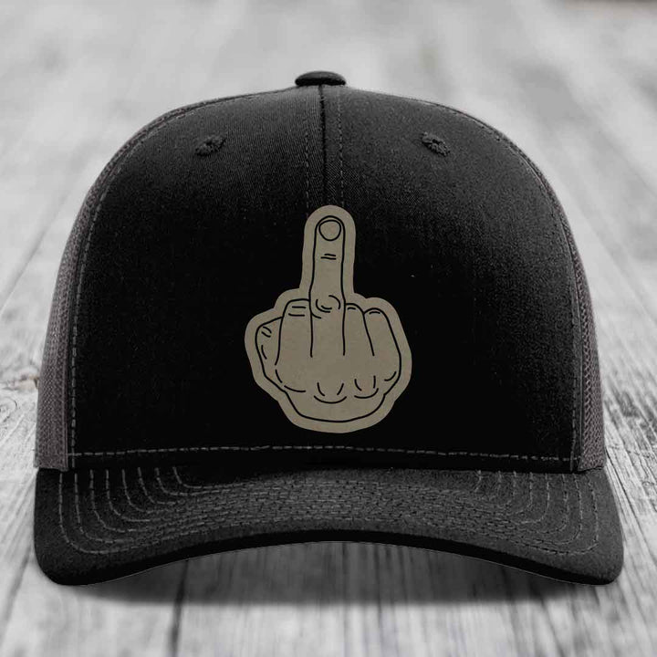 Middle Finger - Leather Patch Hat - Light Brown to Black Patch - Richardson 112 Snapback Trucker Hat