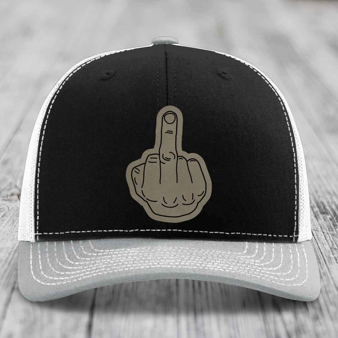 Middle Finger - Leather Patch Hat - Light Brown to Black Patch - Richardson 112 Snapback Trucker Hat
