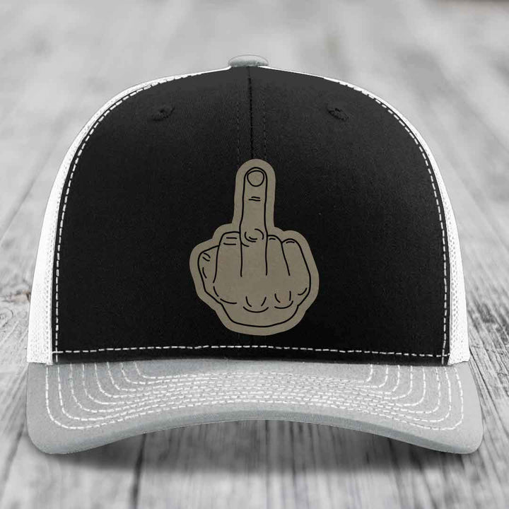 Middle Finger - Leather Patch Hat - Light Brown to Black Patch - Richardson 112 Snapback Trucker Hat