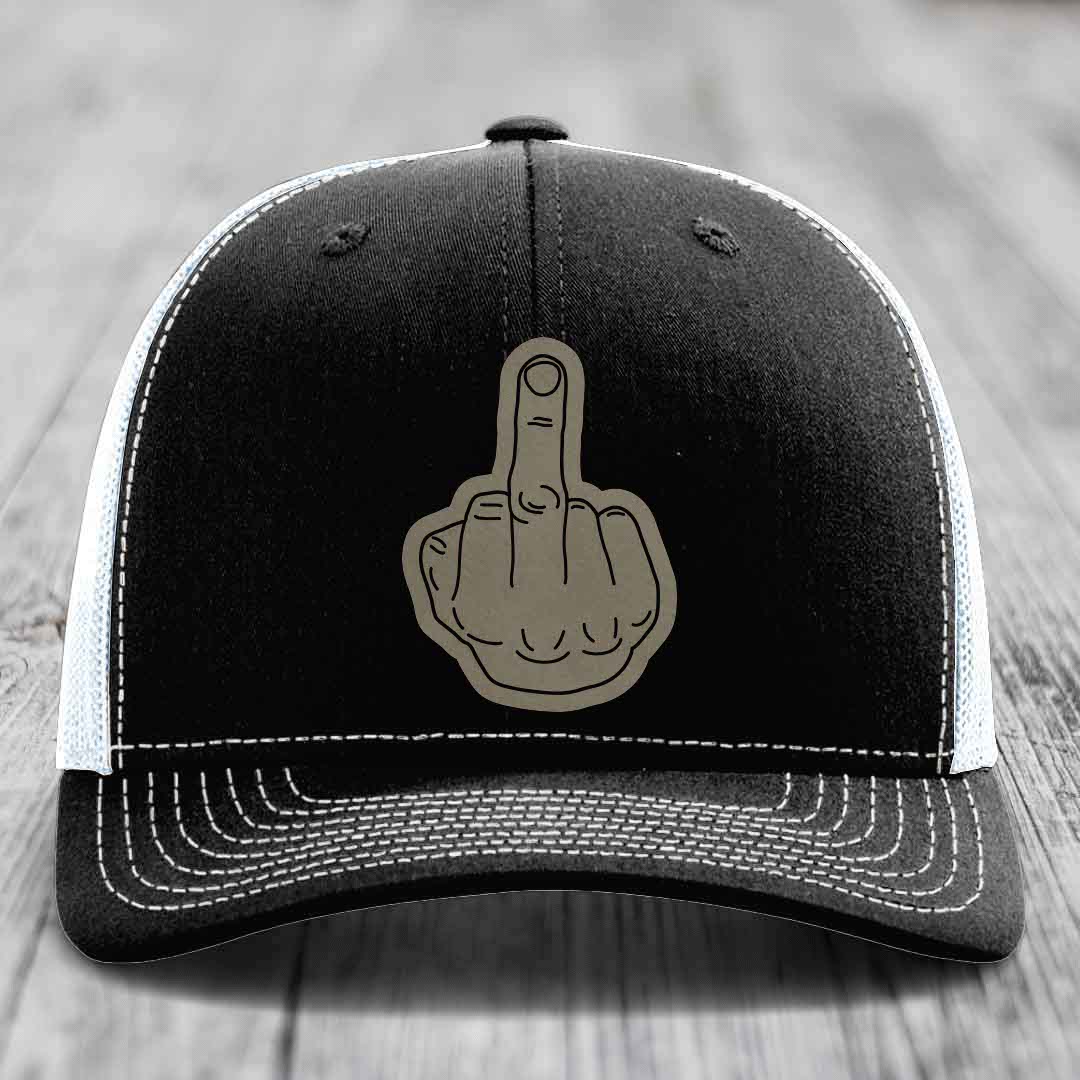 Middle Finger - Leather Patch Hat - Light Brown to Black Patch - Richardson 112 Snapback Trucker Hat