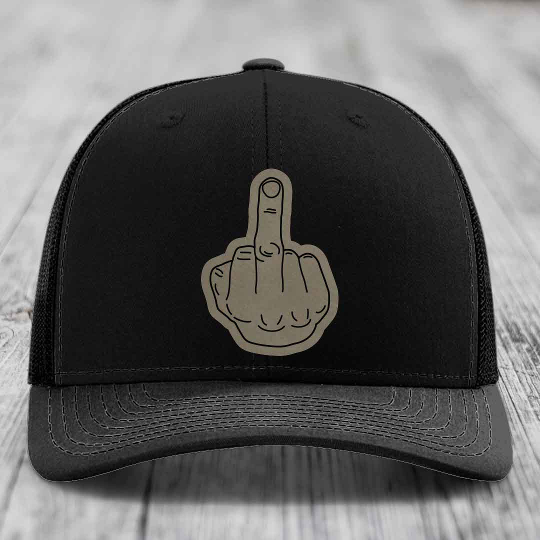 Middle Finger - Leather Patch Hat - Light Brown to Black Patch - Richardson 112 Snapback Trucker Hat