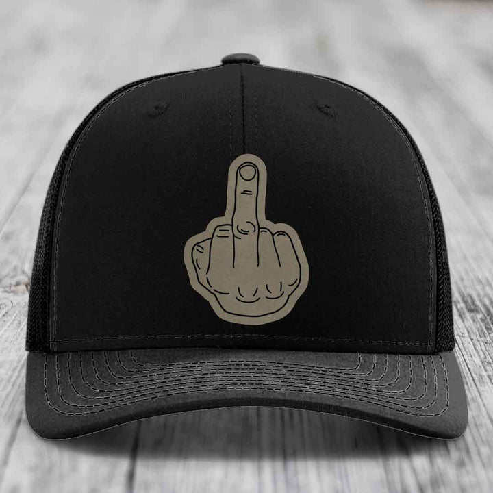 Middle Finger - Leather Patch Hat - Light Brown to Black Patch - Richardson 112 Snapback Trucker Hat