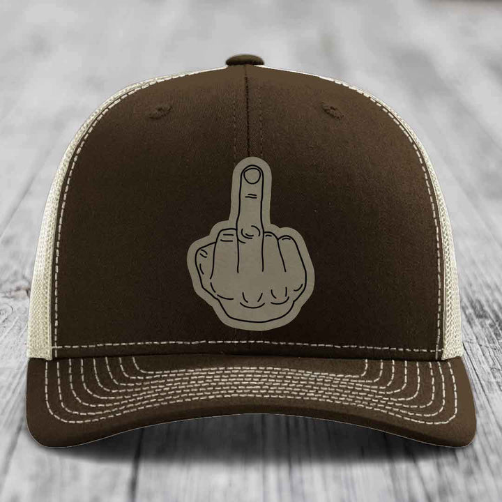 Middle Finger - Leather Patch Hat - Light Brown to Black Patch - Richardson 112 Snapback Trucker Hat