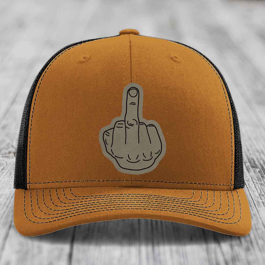 Middle Finger - Leather Patch Hat - Light Brown to Black Patch - Richardson 112 Snapback Trucker Hat
