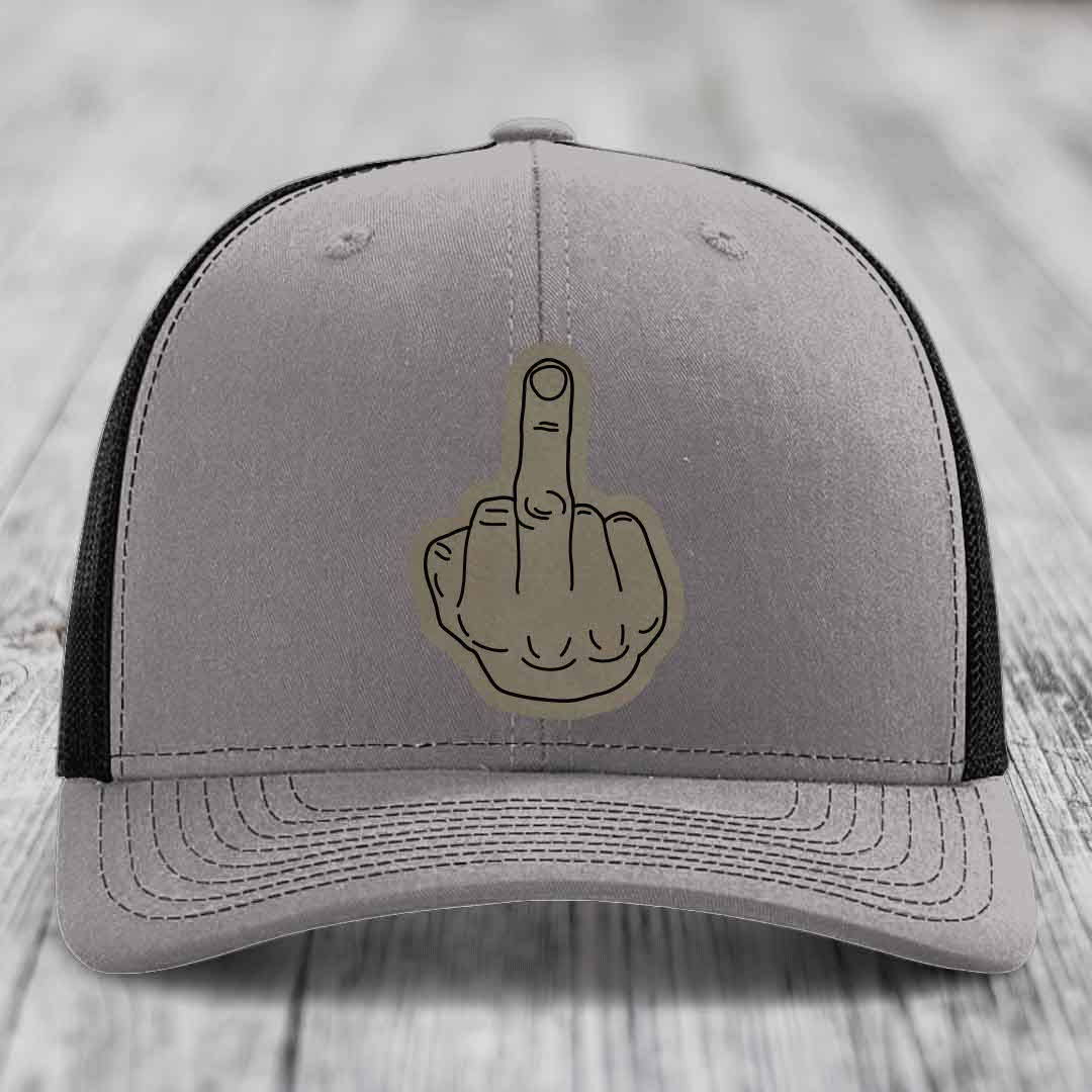 Middle Finger - Leather Patch Hat - Light Brown to Black Patch - Richardson 112 Snapback Trucker Hat