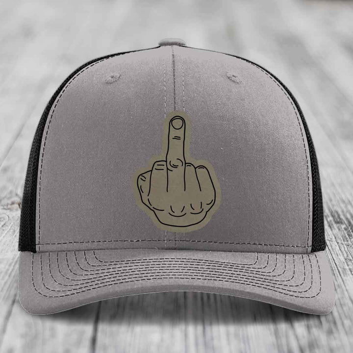 Middle Finger - Leather Patch Hat - Light Brown to Black Patch - Richardson 112 Snapback Trucker Hat