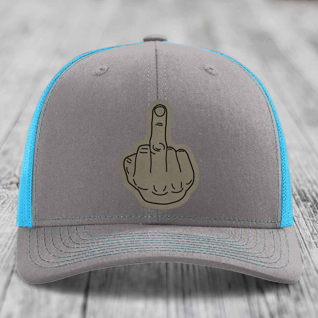Middle Finger - Leather Patch Hat - Light Brown to Black Patch - Richardson 112 Snapback Trucker Hat