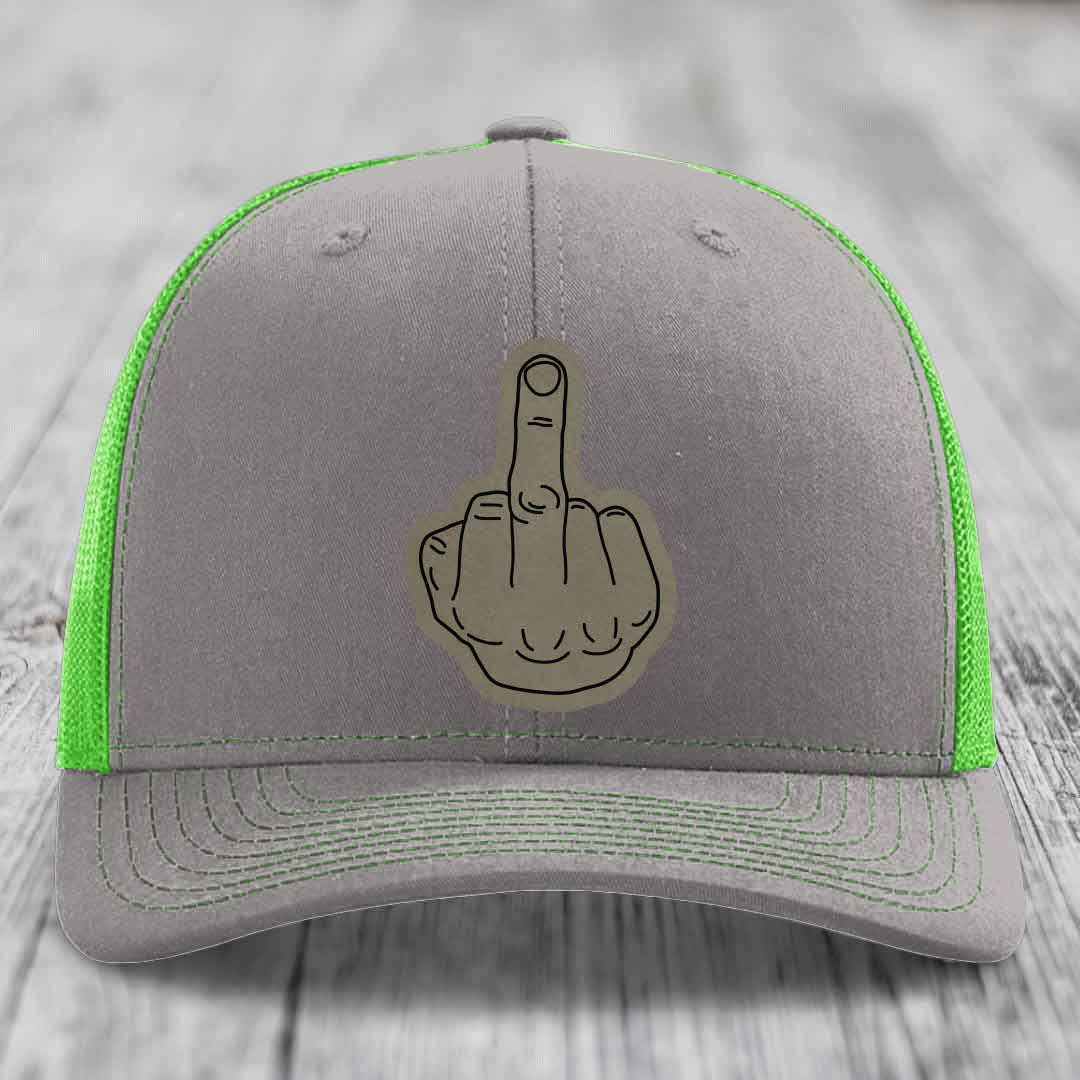 Middle Finger - Leather Patch Hat - Light Brown to Black Patch - Richardson 112 Snapback Trucker Hat