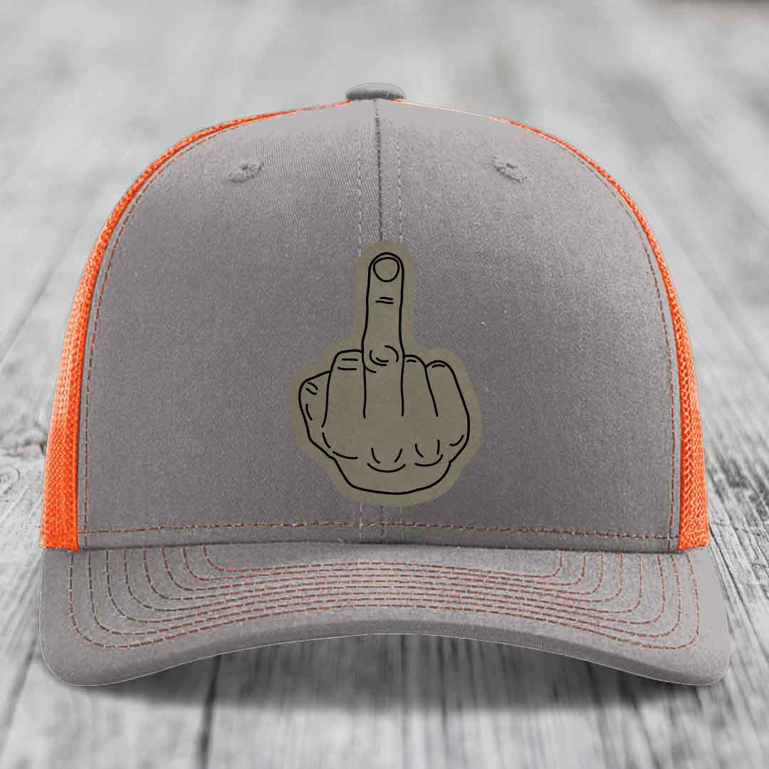Middle Finger - Leather Patch Hat - Light Brown to Black Patch - Richardson 112 Snapback Trucker Hat