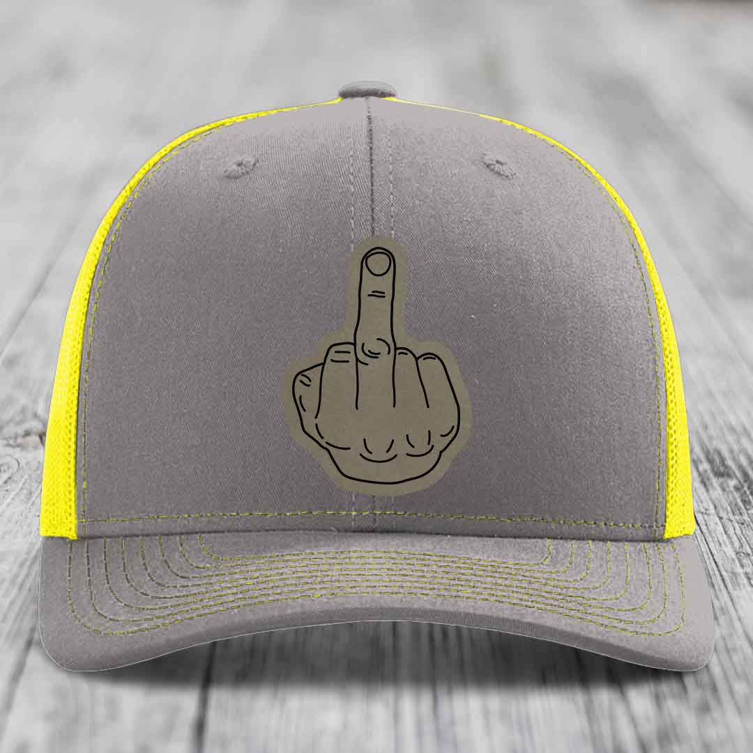 Middle Finger - Leather Patch Hat - Light Brown to Black Patch - Richardson 112 Snapback Trucker Hat