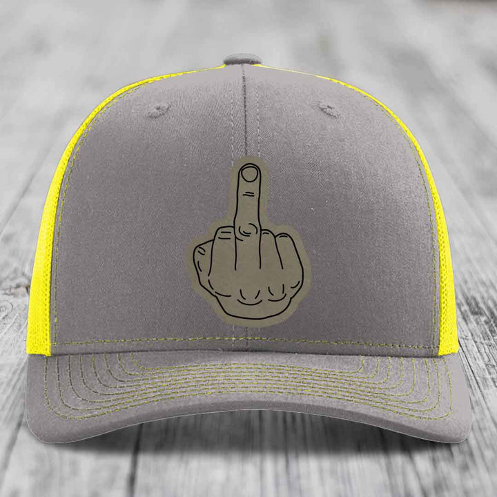 Middle Finger - Leather Patch Hat - Light Brown to Black Patch - Richardson 112 Snapback Trucker Hat