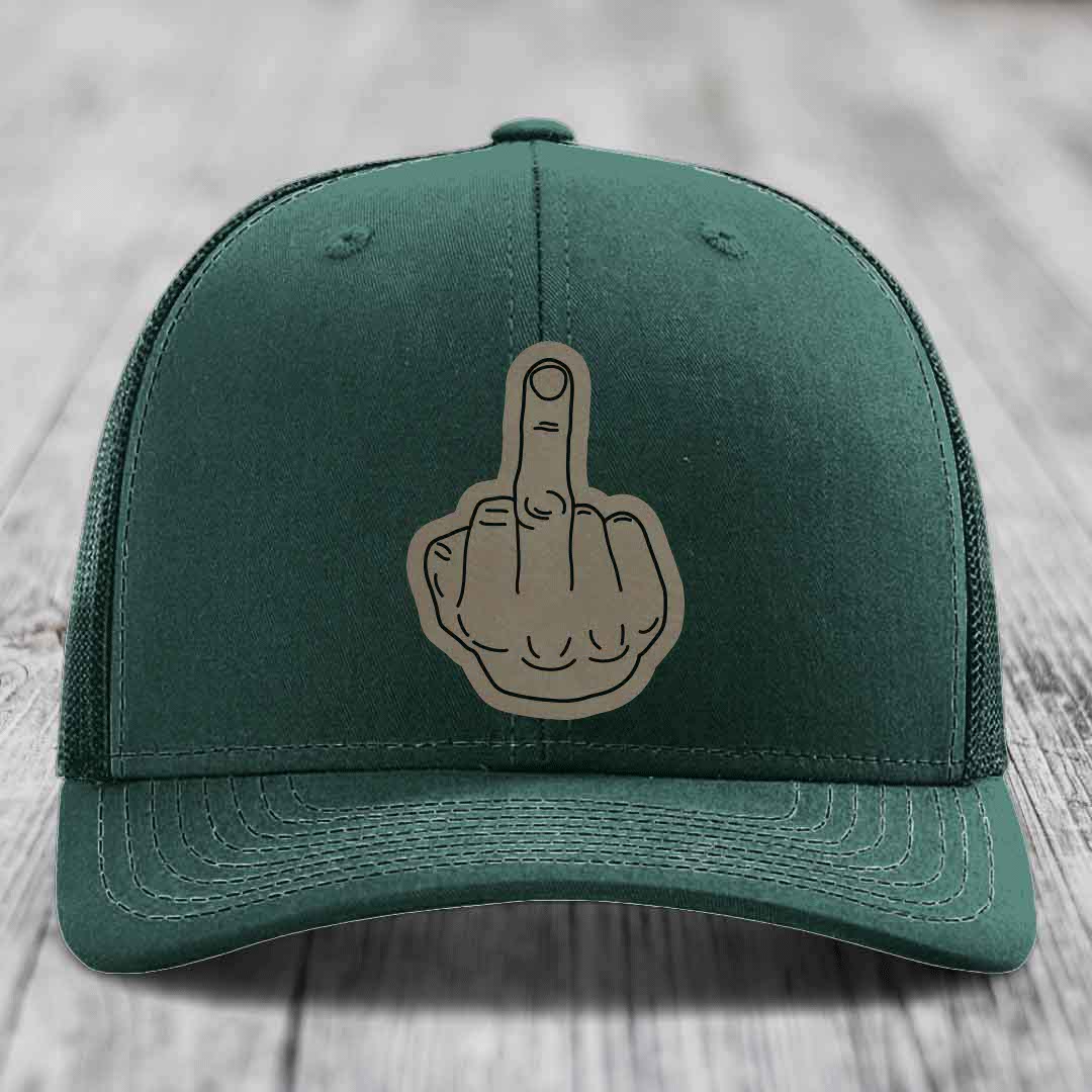 Middle Finger - Leather Patch Hat - Light Brown to Black Patch - Richardson 112 Snapback Trucker Hat
