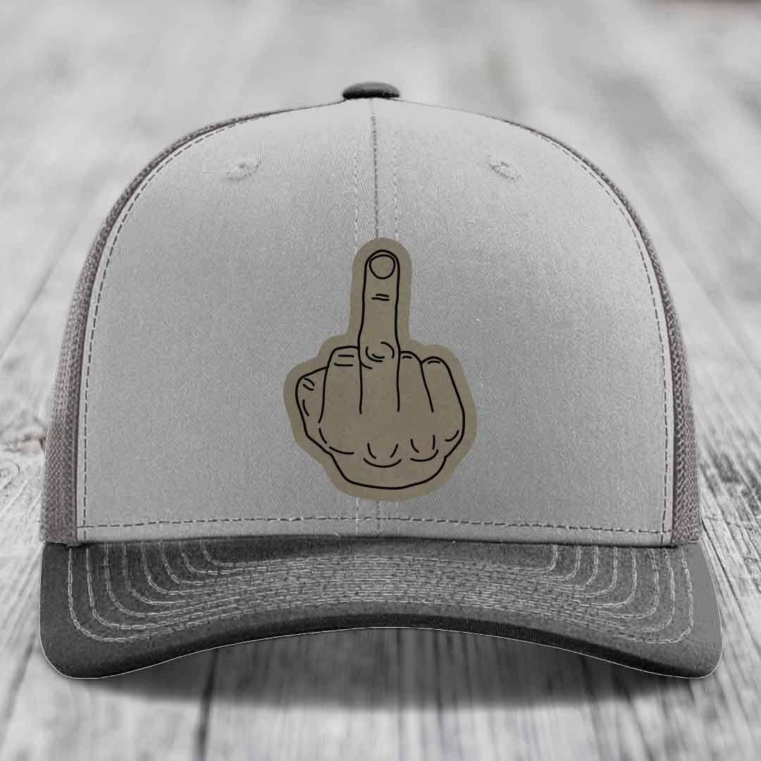 Middle Finger - Leather Patch Hat - Light Brown to Black Patch - Richardson 112 Snapback Trucker Hat
