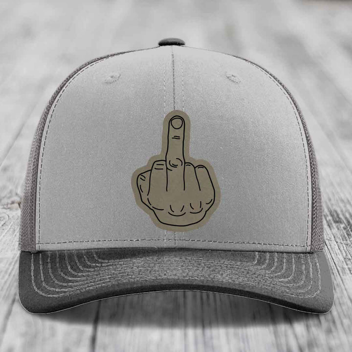 Middle Finger - Leather Patch Hat - Light Brown to Black Patch - Richardson 112 Snapback Trucker Hat