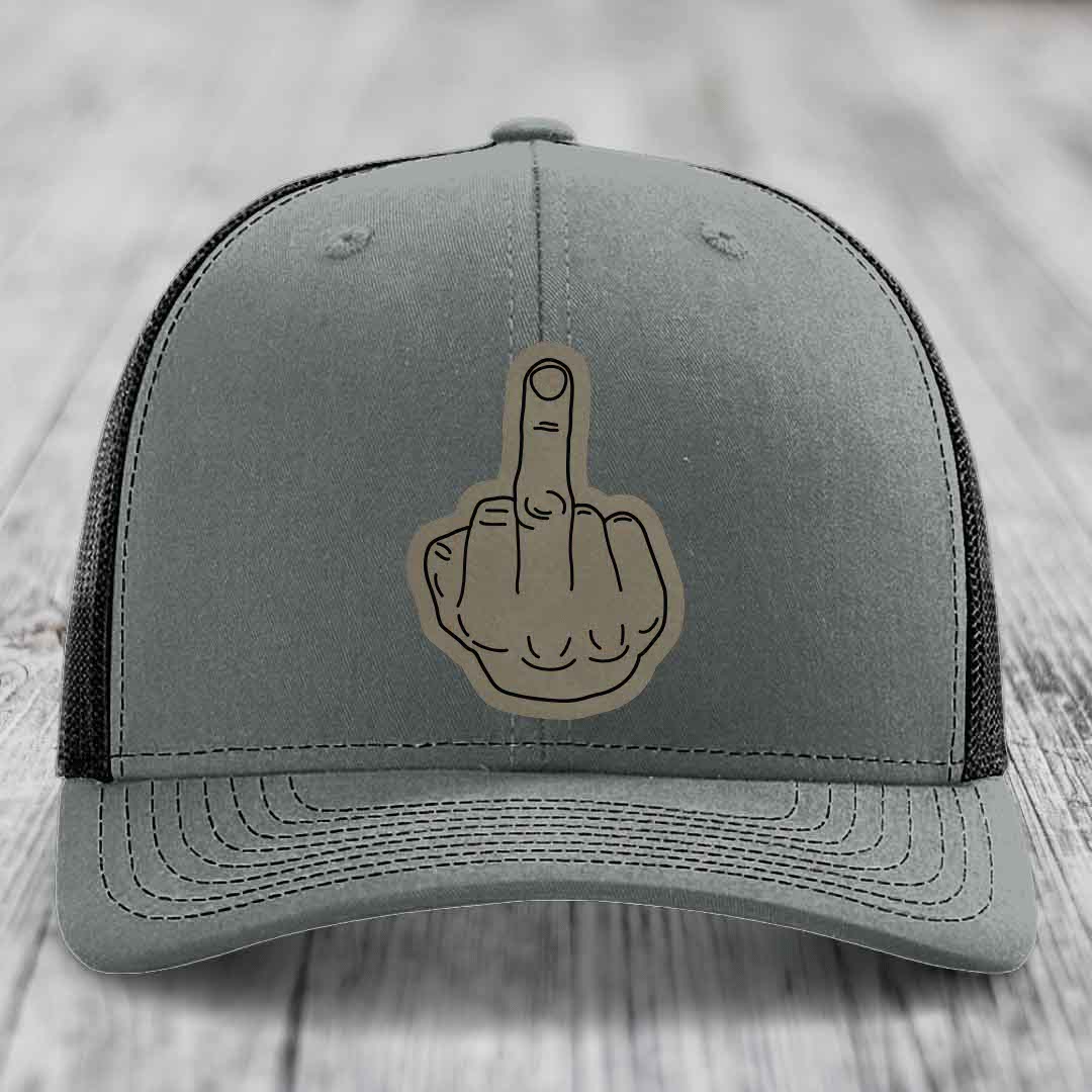 Middle Finger - Leather Patch Hat - Light Brown to Black Patch - Richardson 112 Snapback Trucker Hat