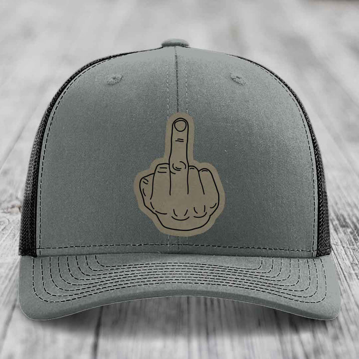 Middle Finger - Leather Patch Hat - Light Brown to Black Patch - Richardson 112 Snapback Trucker Hat