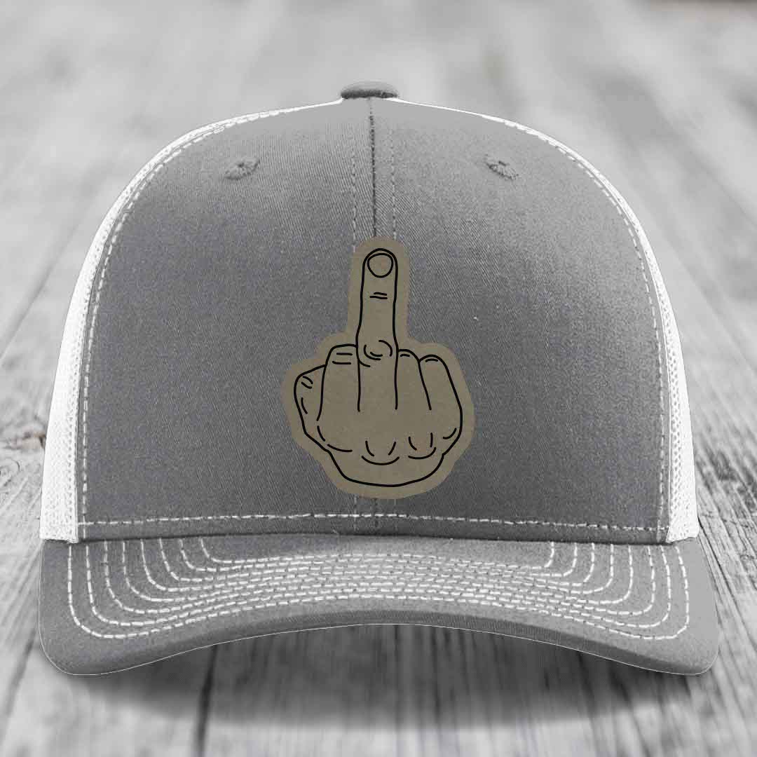 Middle Finger - Leather Patch Hat - Light Brown to Black Patch - Richardson 112 Snapback Trucker Hat