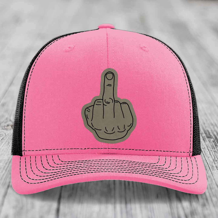 Middle Finger - Leather Patch Hat - Light Brown to Black Patch - Richardson 112 Snapback Trucker Hat