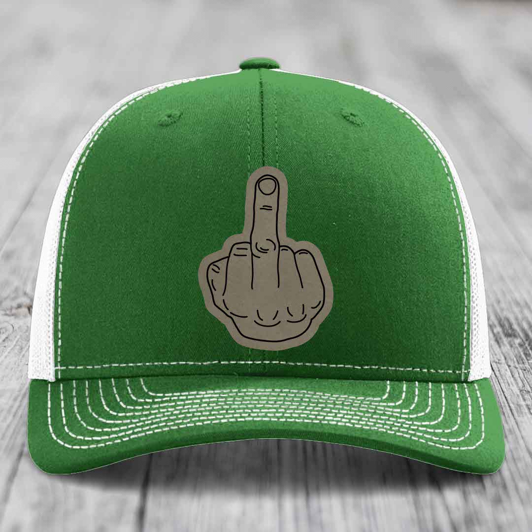 Middle Finger - Leather Patch Hat - Light Brown to Black Patch - Richardson 112 Snapback Trucker Hat