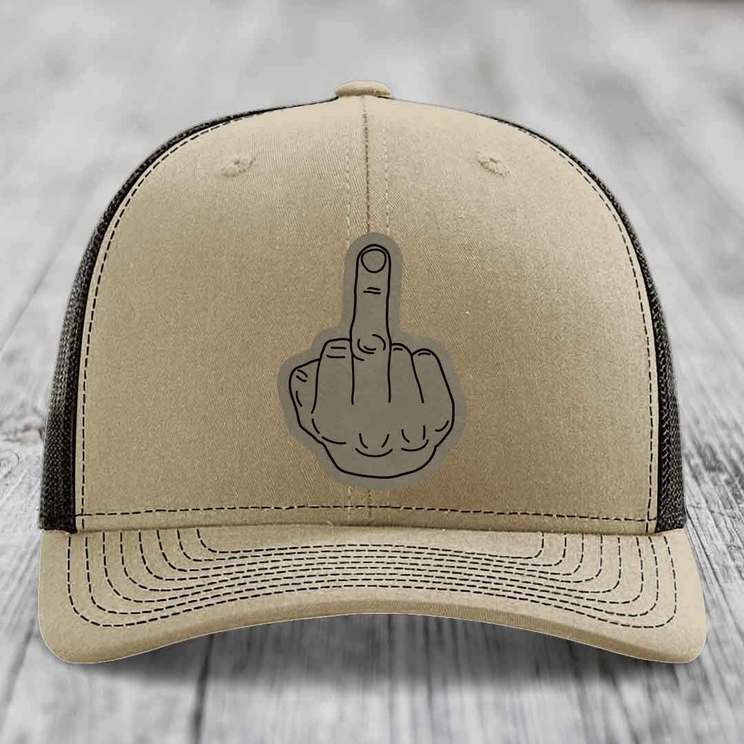 Middle Finger - Leather Patch Hat - Light Brown to Black Patch - Richardson 112 Snapback Trucker Hat
