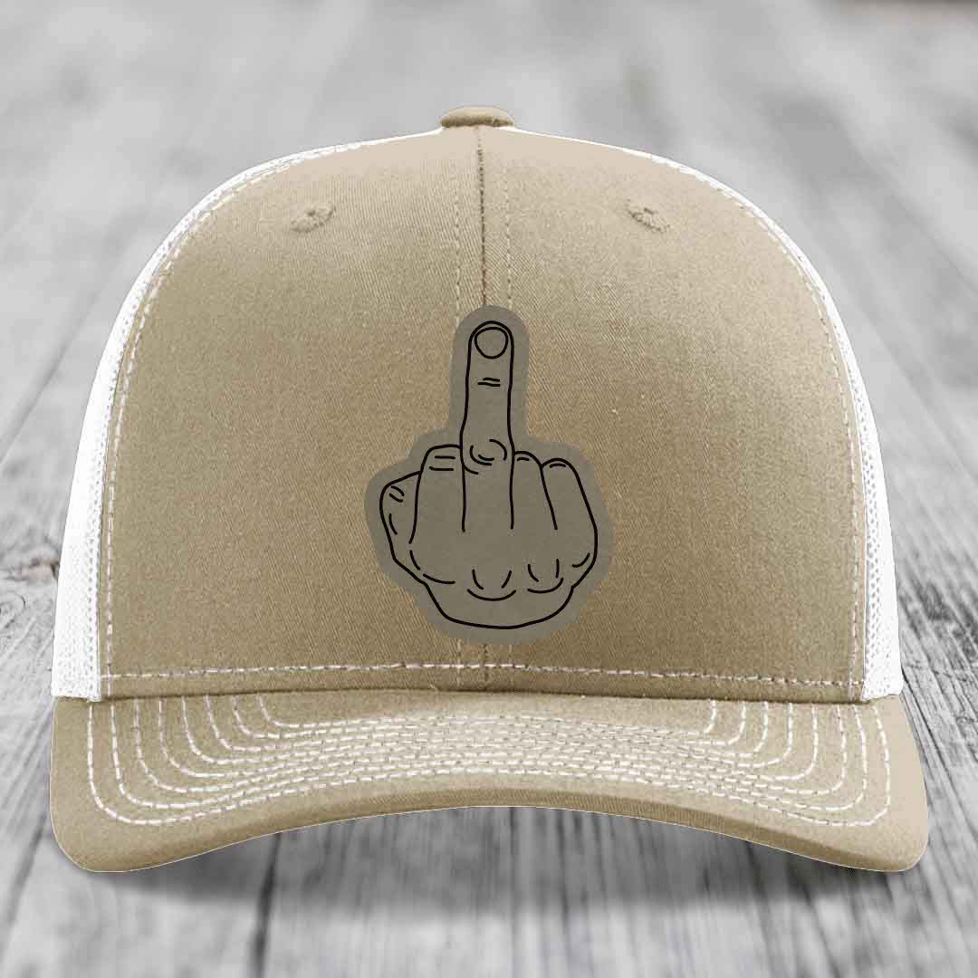 Middle Finger - Leather Patch Hat - Light Brown to Black Patch - Richardson 112 Snapback Trucker Hat