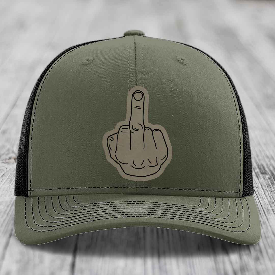 Middle Finger - Leather Patch Hat - Light Brown to Black Patch - Richardson 112 Snapback Trucker Hat