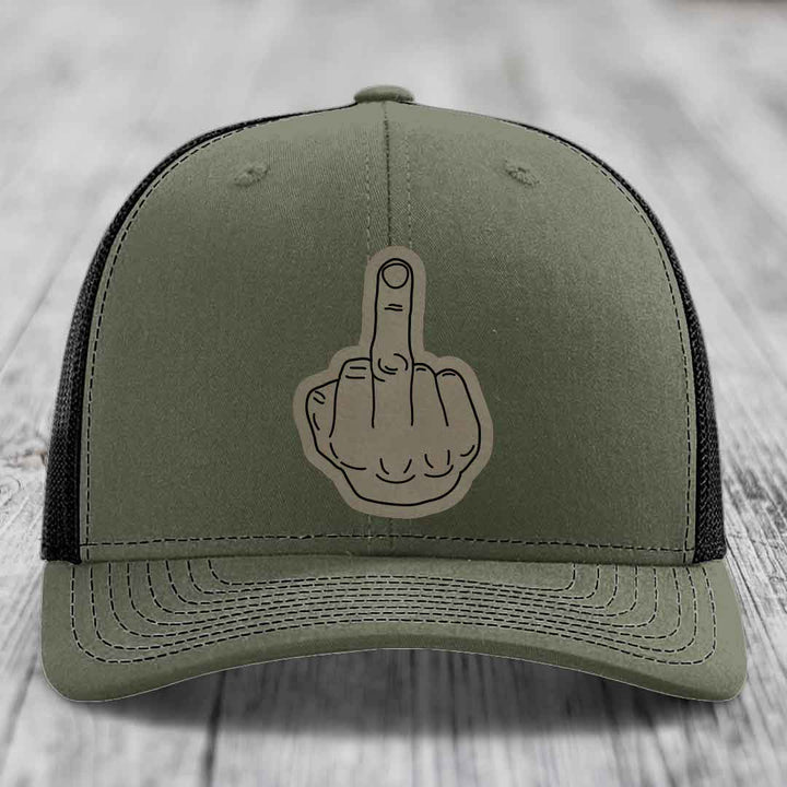 Middle Finger - Leather Patch Hat - Light Brown to Black Patch - Richardson 112 Snapback Trucker Hat
