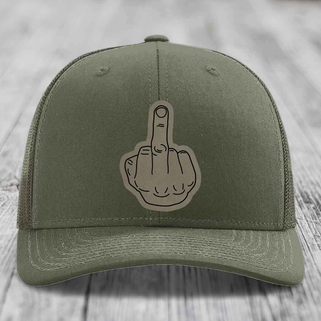 Middle Finger - Leather Patch Hat - Light Brown to Black Patch - Richardson 112 Snapback Trucker Hat