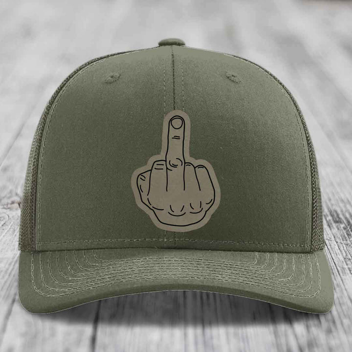 Middle Finger - Leather Patch Hat - Light Brown to Black Patch - Richardson 112 Snapback Trucker Hat
