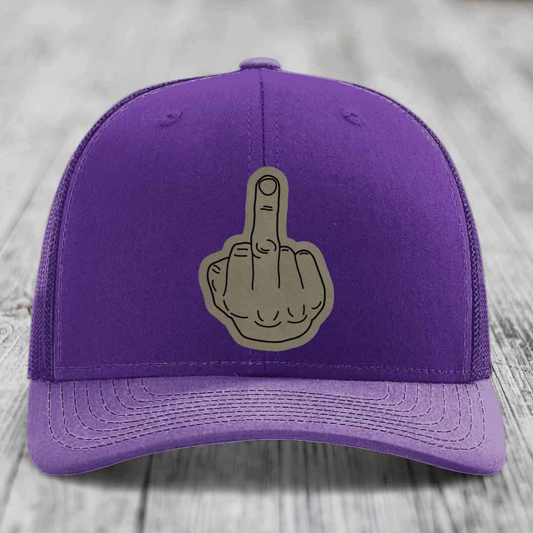 Middle Finger - Leather Patch Hat - Light Brown to Black Patch - Richardson 112 Snapback Trucker Hat