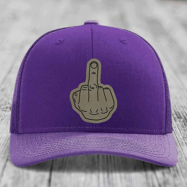 Middle Finger - Leather Patch Hat - Light Brown to Black Patch - Richardson 112 Snapback Trucker Hat