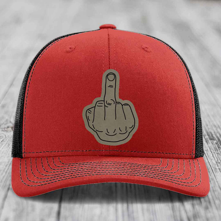 Middle Finger - Leather Patch Hat - Light Brown to Black Patch - Richardson 112 Snapback Trucker Hat