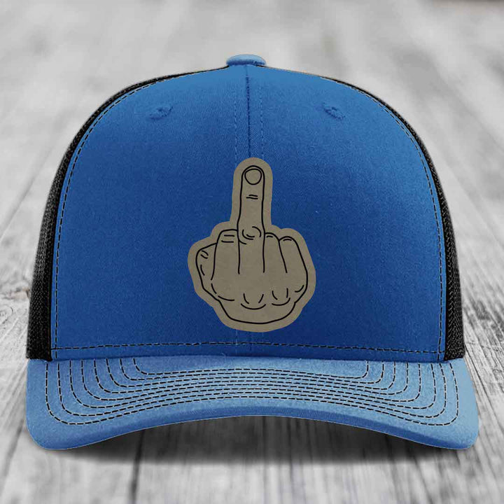 Middle Finger - Leather Patch Hat - Light Brown to Black Patch - Richardson 112 Snapback Trucker Hat
