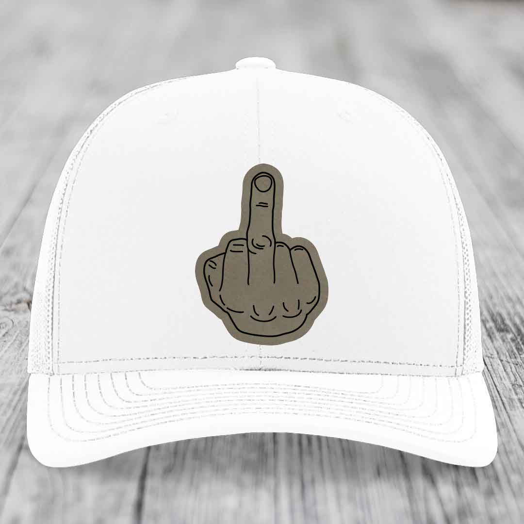 Middle Finger - Leather Patch Hat - Light Brown to Black Patch - Richardson 112 Snapback Trucker Hat
