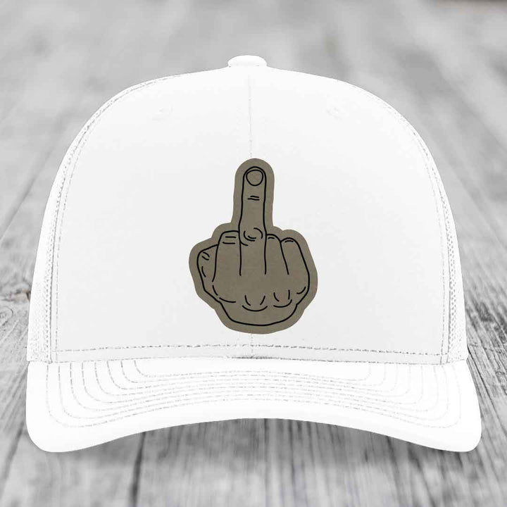 Middle Finger - Leather Patch Hat - Light Brown to Black Patch - Richardson 112 Snapback Trucker Hat