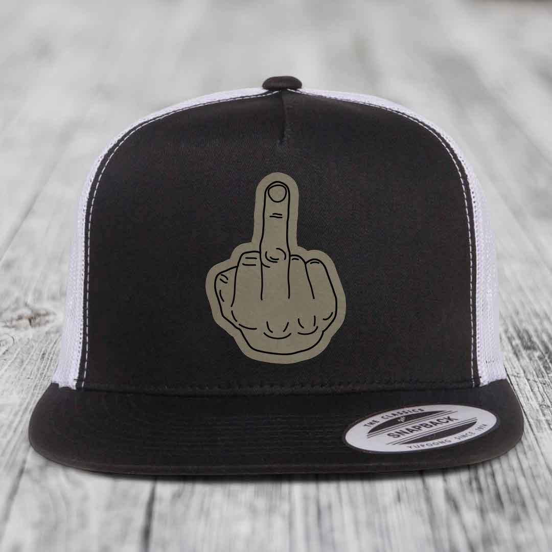 Middle Finger - Leather Patch Hat - Light Brown to Black Patch - Yupoong 6006 Snapback Flatbill Hat