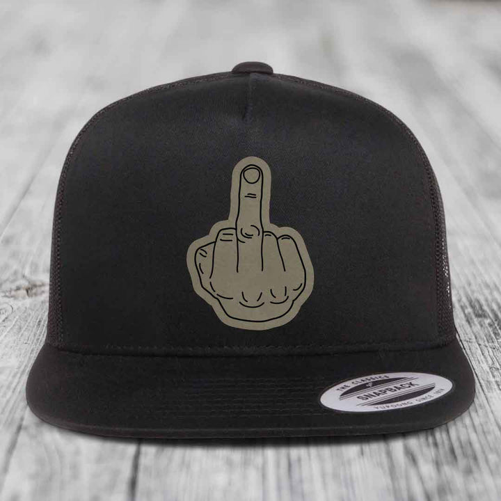 Middle Finger - Leather Patch Hat - Light Brown to Black Patch - Yupoong 6006 Snapback Flatbill Hat