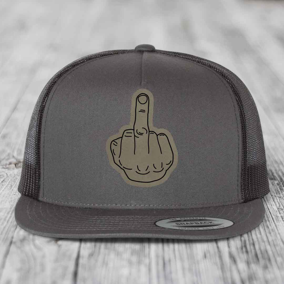 Middle Finger - Leather Patch Hat - Light Brown to Black Patch - Yupoong 6006 Snapback Flatbill Hat