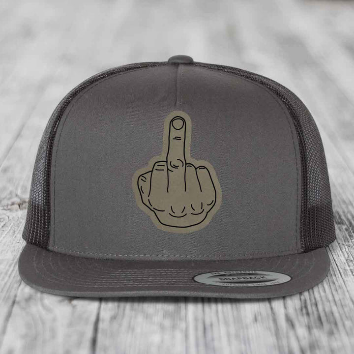 Middle Finger - Leather Patch Hat - Light Brown to Black Patch - Yupoong 6006 Snapback Flatbill Hat