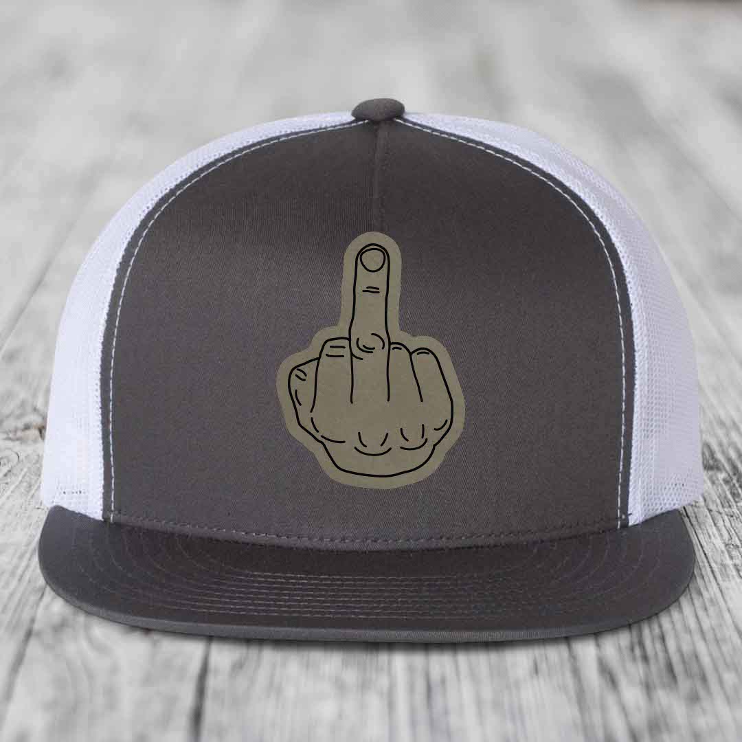 Middle Finger - Leather Patch Hat - Light Brown to Black Patch - Yupoong 6006 Snapback Flatbill Hat