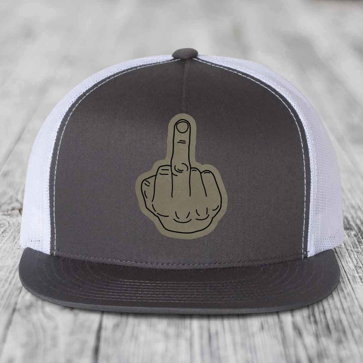 Middle Finger - Leather Patch Hat - Light Brown to Black Patch - Yupoong 6006 Snapback Flatbill Hat