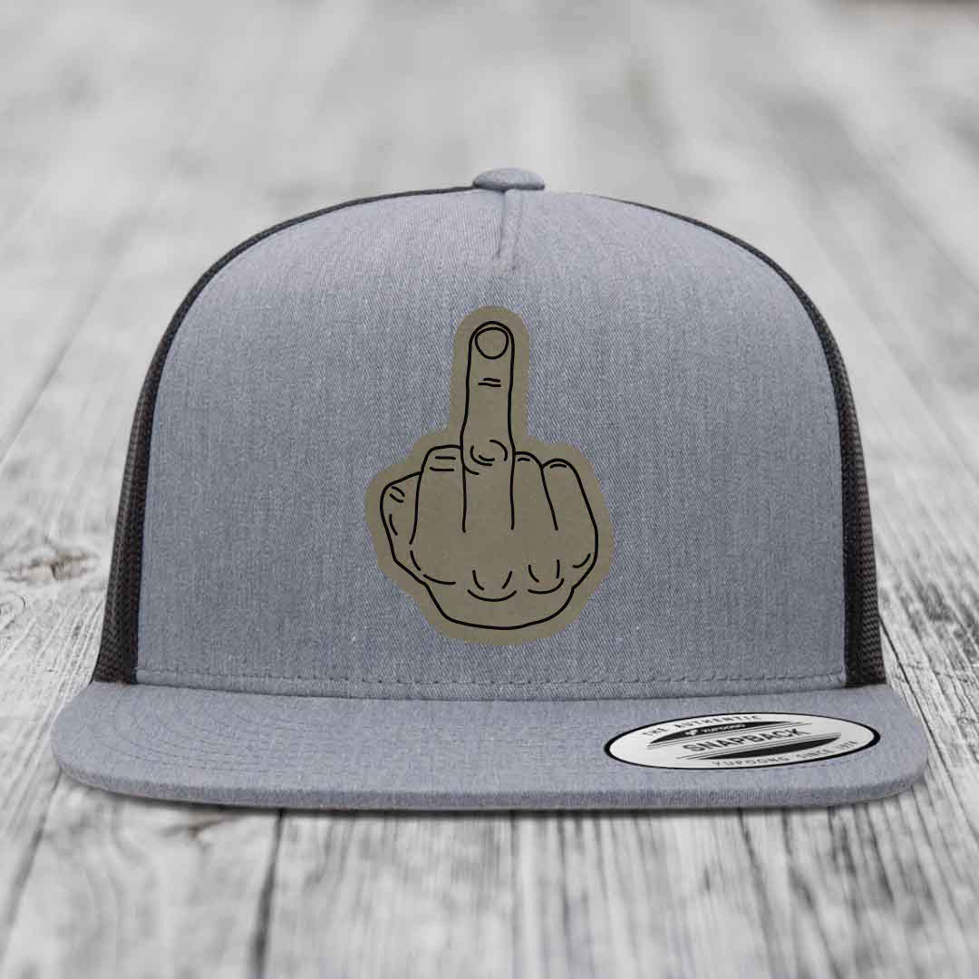 Middle Finger - Leather Patch Hat - Light Brown to Black Patch - Yupoong 6006 Snapback Flatbill Hat