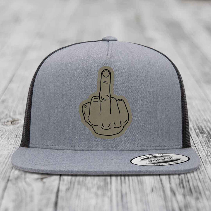 Middle Finger - Leather Patch Hat - Light Brown to Black Patch - Yupoong 6006 Snapback Flatbill Hat