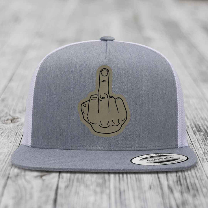 Middle Finger - Leather Patch Hat - Light Brown to Black Patch - Yupoong 6006 Snapback Flatbill Hat
