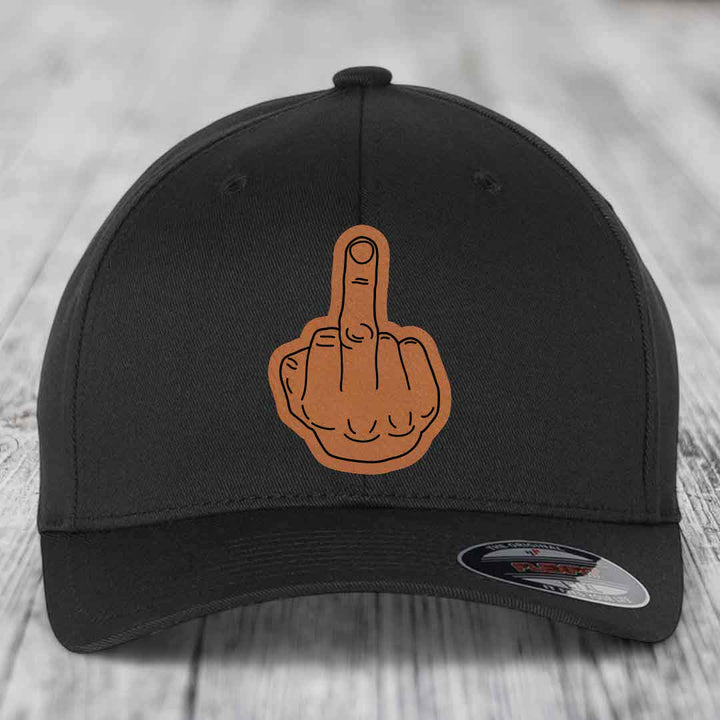 Middle Finger - Leather Patch Hat - Rawhide to Black Patch - Flexfit 6277 Fitted Hat