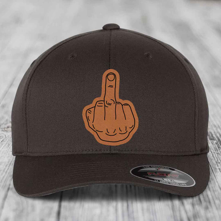 Middle Finger - Leather Patch Hat - Rawhide to Black Patch - Flexfit 6277 Fitted Hat