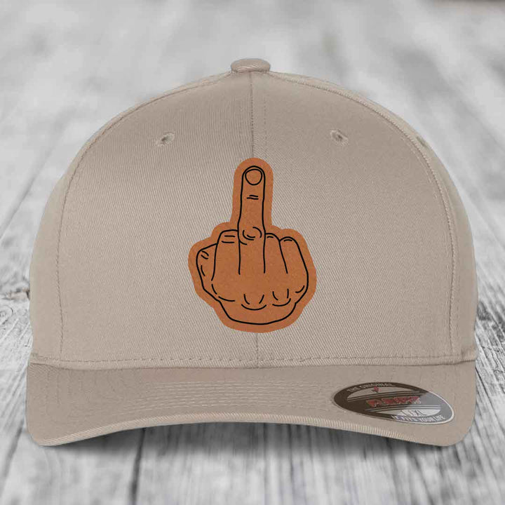 Middle Finger - Leather Patch Hat - Rawhide to Black Patch - Flexfit 6277 Fitted Hat
